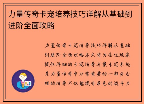 力量传奇卡宠培养技巧详解从基础到进阶全面攻略